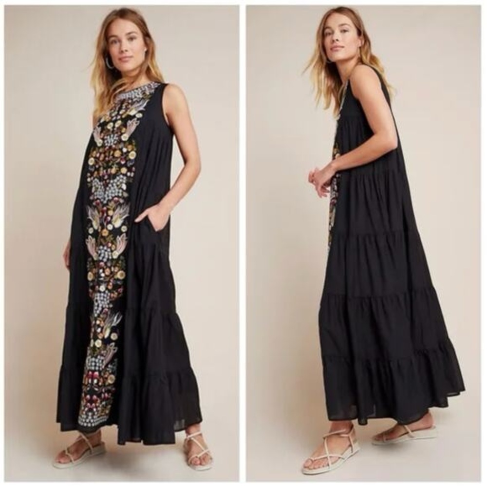 EUC Anthropologie size 12 Samant Chauhan Embroidered tiered maxi dress in black